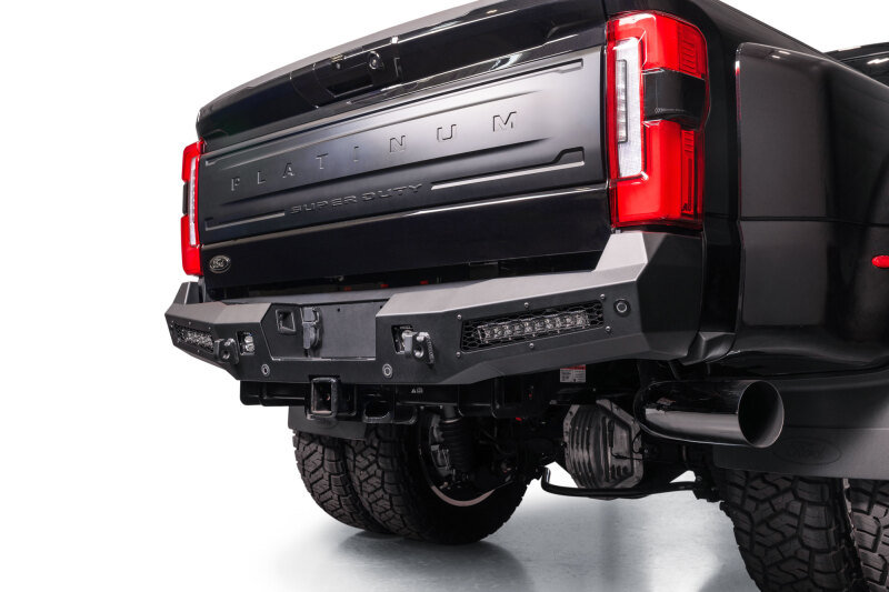 Ford Super Duty F-350 Bumper - Rear - Addictive Desert Designs - HoneyBadger - Hammer Black with Satin Black Panels - `23-`26 Ford Super Duty F-350 Bumper - Rear - Addictive Desert Designs - HoneyBadger - Hammer Black with Satin Black Panels - `23-`26